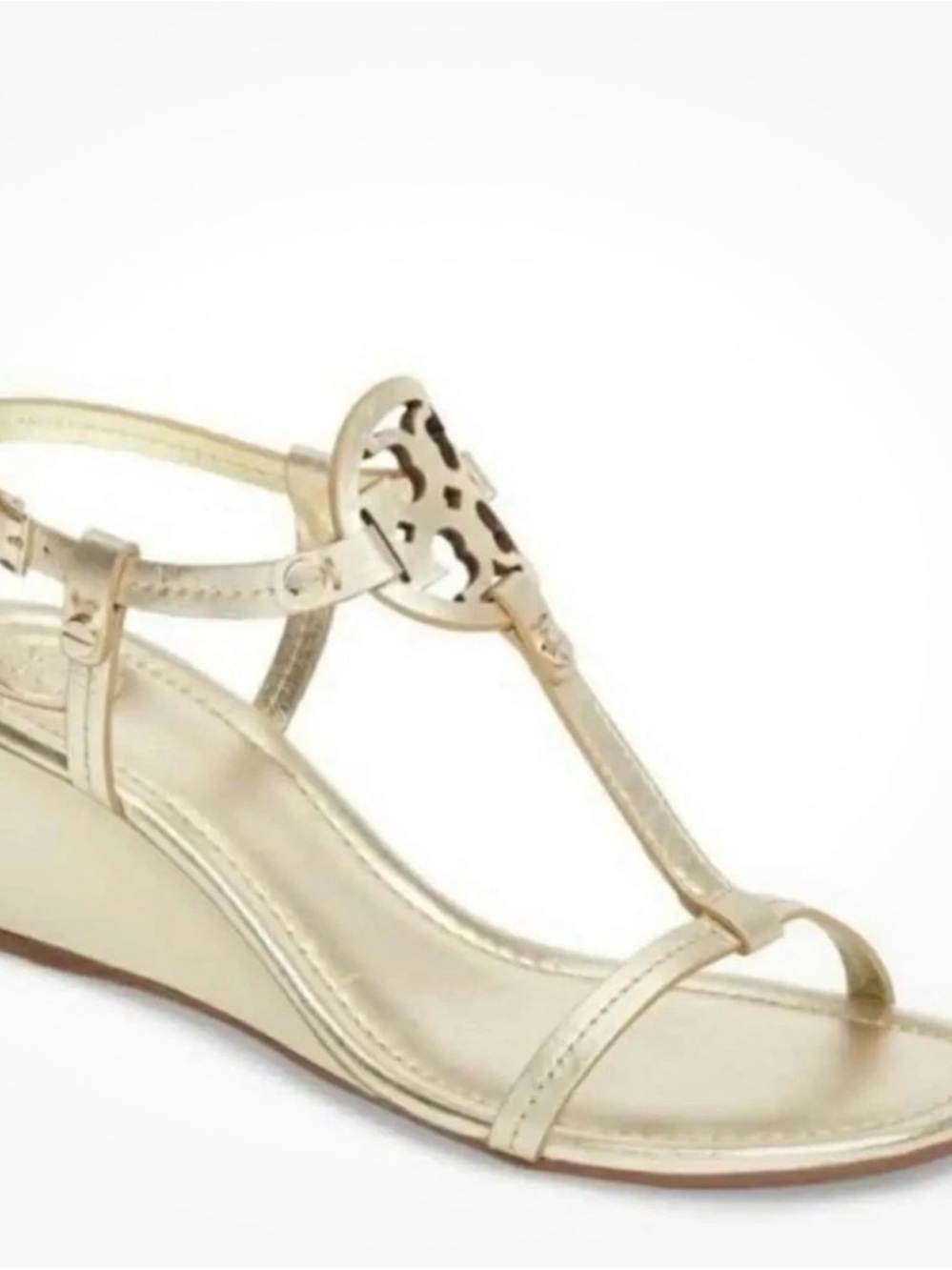 Tory Burch Metallic Gold T-Strap Wedge Sandals